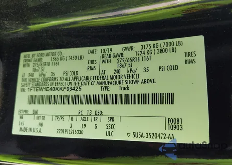 2019 Ford F-150 Lariat z USA, uszkodzony, nr VIN 1FTEW1E40KKF06425